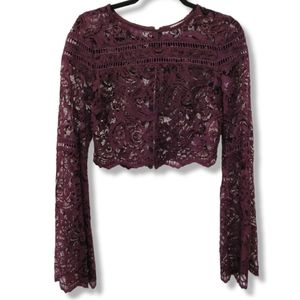 $82 NEW TOBI Kiley Crop Top Sheer Lace Bell Sleeves Reddish Purple Wine Medium